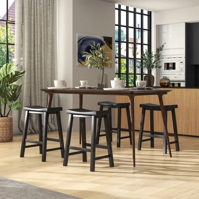 Tangkula Set Of 4 Saddle Bar Stools Counter Height Dining Chairs W/ Wooden Legs Black 4 Tangkula Set Of 4 Saddle Bar Stools Counter Height Dining Chairs W/ Wooden Legs Black - Image 2