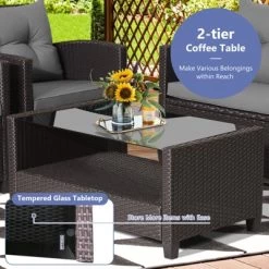 Tangkula Set Of 8 Outdoor Rattan Furniture Set PE Wicker Sectional Sofa With Loveseat Chair & Glass Table Patio Cushioned Conversation Sets Gray