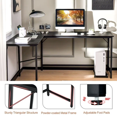 Tangkula L-Shaped Desk With Power Outlet 66” Computer Corner Desk With CPU Stand & Heavy-duty Metal Frame Rustic Brown/Black 4 Tangkula L-Shaped Desk With Power Outlet 66” Computer Corner Desk With CPU Stand & Heavy-duty Metal Frame Rustic Brown/Black - Image 2