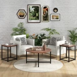 Tangkula Round Nesting Table Set Of 3 Modern / Farmhouse Coffee Table W/2 End Tables