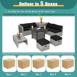Tangkula 9 Pieces Outdoor Patio Furniture Set W/ 32" Propane Fire Pit Table Sectional Sofa Set W/ Storage Box Black/Gray/Navy/Red/Turquoise/Off White -Tangkula GUEST d1f59ed9 70dc 4d3f 9ce3 72b91827b5ed