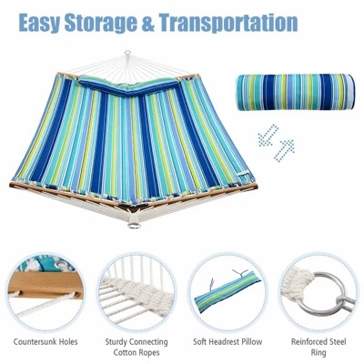 Tangkula Portable Hammock W/ Spreader Bars & Detachable Pillow Quick Dry & Water Proof Material Woven Cotton Rope Blue + Green/Light Blue + Yellow 8 Tangkula Portable Hammock W/ Spreader Bars & Detachable Pillow Quick Dry & Water Proof Material Woven Cotton Rope Blue + Green/Light Blue + Yellow - Image 6