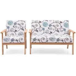 Tangkula 2 Piece Loveseat And Single Sofa Set Fabric Upholstered Couch & Accent Armchair White+Blue/Blue/Yellow Floral -Tangkula GUEST d2928bae 01ce 4c20 b45f 1a31a0ec239b
