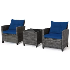 Tangkula 3PCS Patio Rattan Sofa Set Outdoor Wicker Conversation Set Glass Tabletop W/ Navy Cushion -Tangkula GUEST d292c5cd c94d 41b0 942e 3baec238af95