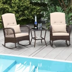 Tangkula 3 Piece Rocker Set Outdoor Wicker Rocking Chairs With Double-Layer Rattan Rocker Chair Set With Back Cushions & Pillows Beige/Gray/Blue/Red -Tangkula GUEST d2ab21d5 fc92 4e1b b684 453e9158cabd