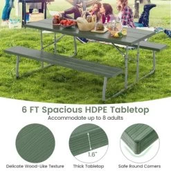 Tangkula Folding Picnic Table W/ 2 Benches 6 FT Camping Table Set W/ All-Weather HDPE Tabletop Green -Tangkula GUEST d2dcef50 6527 45df a67c 8d268221f825