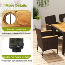 Tangkula 9 Pieces Patio Dining Set For 8 Outdoor Rectangular Acacia Wood Table And PE Rattan Chairs With Umbrella Hole