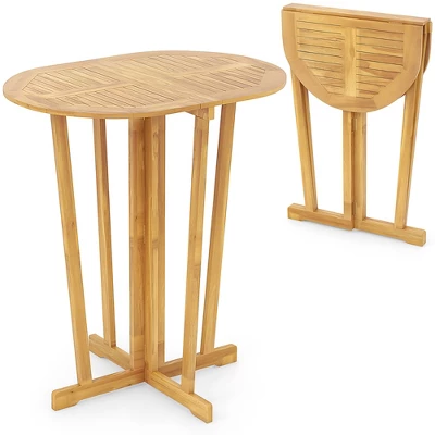 Tangkula Outdoor Folding Bar Table W/ Oval Tabletop & Cross Base For Patio Natural 9 Tangkula Outdoor Folding Bar Table W/ Oval Tabletop & Cross Base For Patio Natural - Image 7