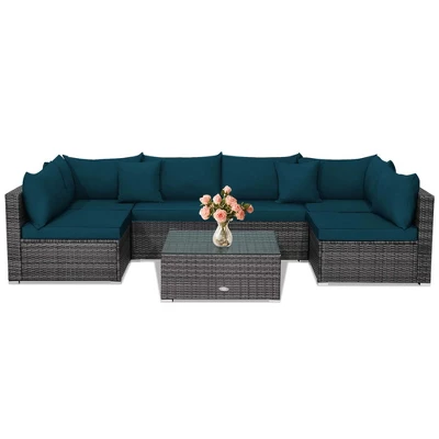 Tangkula Set Of 7 Patio Wicker Furniture Set Outdoor Rattan Sectional Sofa With Seat & Back Cushions 2 Throw Pillows Blue 7 Tangkula Set Of 7 Patio Wicker Furniture Set Outdoor Rattan Sectional Sofa With Seat & Back Cushions 2 Throw Pillows Blue - Image 5