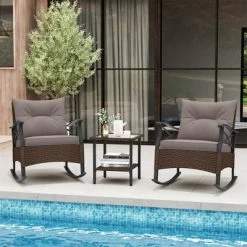 Tangkula 3 Pieces Outdoor Rocking Chairs Set Rattan Heavy Duty Cushioned Rocker Chairs With 2-Tier Tempered Glass Coffee Table