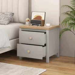 Tangkula Nightstand Farmhouse Side End Table W/ Solid Wood Legs & 2 Drawers For Bedroom