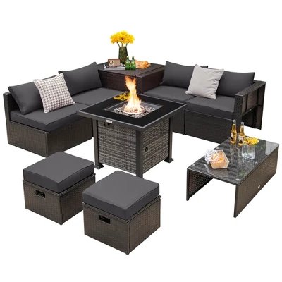 Tangkula 9 Pieces Furniture Set W/ 50,000 BTU Propane Fire Pit Table Patio Gray 8 Tangkula 9 Pieces Furniture Set W/ 50,000 BTU Propane Fire Pit Table Patio Gray - Image 6