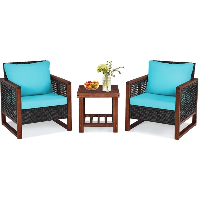 Tangkula 3PCS Patio Rattan Bistro Set Acacia Wood Frame Cushioned Sofa And Side Table 10 Tangkula 3PCS Patio Rattan Bistro Set Acacia Wood Frame Cushioned Sofa And Side Table - Image 8