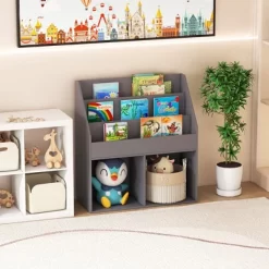 Tangkula Kids Wooden Bookshelf Bookcase Children Toy Storage Cabinet Organizer