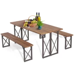 Tangkula 3 Piece Patio Picnic Table Bench Set, Outdoor Camping Table Set W/ Acacia Wood Tabletop & Seat 2” Umbrella Hole -Tangkula GUEST d7791f4a 9c2c 4f6d a958 609eed07bc37