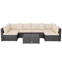 Tangkula Set Of 7 Patio Wicker Furniture Set Outdoor Rattan Sectional Sofa With Seat & Back Cushions 2 Throw Pillows Mix Grey & Beige -Tangkula GUEST d7d20778 9937 40db b8a8 2a875dd1a435