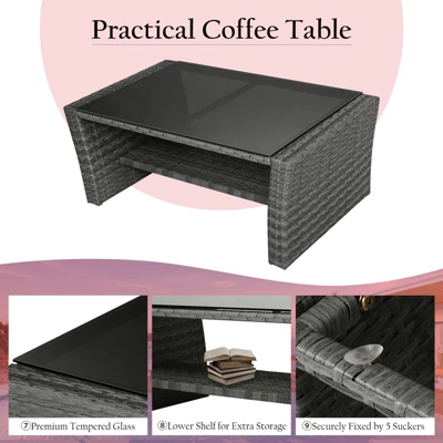 Tangkula 4-Piece Rattan Wicker Patio Outdoor Furniture Sofa Set With Cushions & Tempered Glass Table 7 Tangkula 4-Piece Rattan Wicker Patio Outdoor Furniture Sofa Set With Cushions & Tempered Glass Table - Image 5