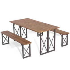 Tangkula 3 Piece Patio Picnic Table Bench Set, Outdoor Camping Table Set W/ Acacia Wood Tabletop & Seat 2” Umbrella Hole -Tangkula GUEST d8453cb9 6946 485d 9f13 5e322f61af1b