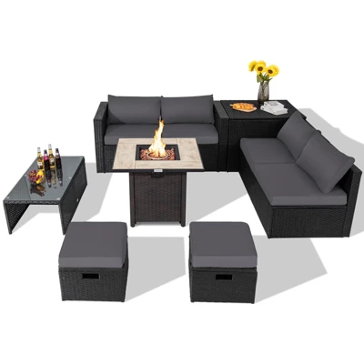 Tangkula 9 Pieces Outdoor PE Rattan Wicker Sectional Sofa With 42" Gas Fire Pit Table Space-Saving Patio Conversation Set With Storage Box Black/Grey/Navy/Red/Turquoise/Off White 13 Tangkula 9 Pieces Outdoor PE Rattan Wicker Sectional Sofa With 42" Gas Fire Pit Table Space-Saving Patio Conversation Set With Storage Box Black/Grey/Navy/Red/Turquoise/Off White - Image 11