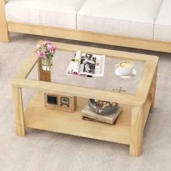Tangkula 2-Tier Coffee Table W/ Tempered Glass Tabletop & Storage Shelf Rounded Corners
