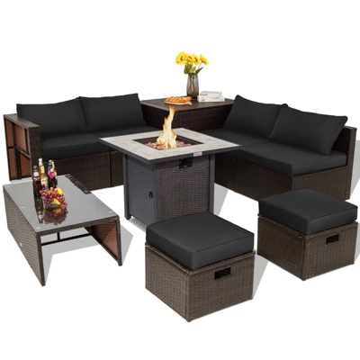 Tangkula 9 PCS Outdoor Patio Furniture Set W/ 30" Propane Fire Pit Table PE Wicker Space-Saving Sectional Sofa W/ Storage Box And Cushions Black/Gray/Navy/Red/Turquoise/Off White 12 Tangkula 9 PCS Outdoor Patio Furniture Set W/ 30" Propane Fire Pit Table PE Wicker Space-Saving Sectional Sofa W/ Storage Box And Cushions Black/Gray/Navy/Red/Turquoise/Off White - Image 10