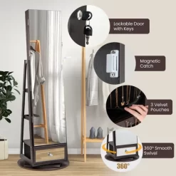 Tangkula 360° Swivel Jewelry Cabinet W/ Mirror Jewelry Storage Organizer Built-in Lights Dark Brown -Tangkula GUEST d9569cbd 6c63 4511 b886 96fee9173a54
