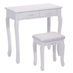 Tangkula Oval Mirror 4 Drawer Vanity Mirror Makeup Table W/ Cushioned Stool White