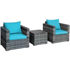 Tangkula 3PCS Patio Rattan Furniture Set Outdoor Bistro Set W/Washable Cushion For Garden Poolside Backyard Turquoise -Tangkula GUEST d9d4733e 7714 4b19 8127 972bf34b468e