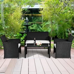 Tangkula 4 Piece Outdoor Patio Rattan Furniture Set Black Wicker Cushioned Seat For Garden, Porch, Lawn -Tangkula GUEST da03438e b3e4 47cd ba2d 726c9c0db97b