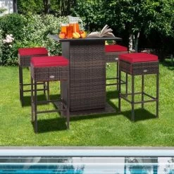 Tangkula Tangkula 5PCS Patio Bar Set Rattan Bar Furniture Set W/ Table & 4 Cushioned Stools Red -Tangkula GUEST da9e3197 e797 4e5f b573 1c8b5f23c697
