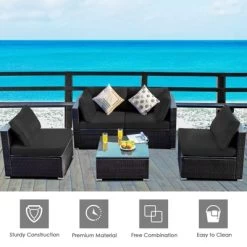 Tangkula 6-Piece Patio Furniture Set W/ 30" Propane Fire Pit Table Outdoor PE Wicker Conversation Set W/ Cushions &Tempered Glass Coffee Table -Tangkula GUEST dbb383e4 dabe 4a93 bf76 2dfc9053ef0c