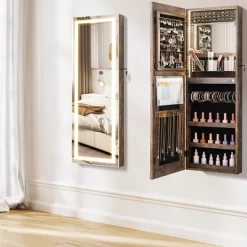 Tangkula LED Mirror Jewelry Cabinet Wall/Door Mounted Organizer Armoire W/ 3 Color Light