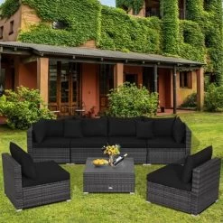 Tangkula 7PCS Patio Rattan Sectional Sofa Set Outdoor Furniture Set W/ Cushions