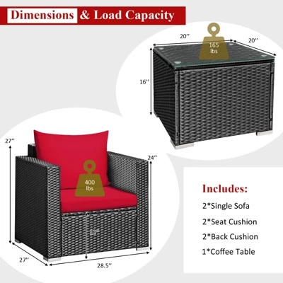 Tangkula 3PCS Patio Rattan Furniture Conversation Set With 2 Cushioned Sofas & Coffee Table For Outdoor 3 Tangkula 3PCS Patio Rattan Furniture Conversation Set With 2 Cushioned Sofas & Coffee Table For Outdoor