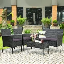 Tangkula 4PCS Rattan Furniture Set Cushioned Sofa Coffee Table Backyard Porch Patio Grey