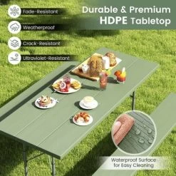 Tangkula Folding Picnic Table W/ 2 Benches 6 FT Camping Table Set W/ All-Weather HDPE Tabletop Green -Tangkula GUEST dd844baa 342e 4870 821a b7d935d1a7e1