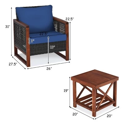 Tangkula 3PCS Patio Rattan Bistro Set Acacia Wood Frame Cushioned Sofa And Side Table 3 Tangkula 3PCS Patio Rattan Bistro Set Acacia Wood Frame Cushioned Sofa And Side Table