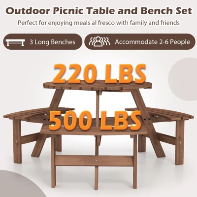Tangkula 6-Person Round Picnic Table Set W/ 3 Built-in Benches 2" Umbrella Hole 8 Tangkula 6-Person Round Picnic Table Set W/ 3 Built-in Benches 2" Umbrella Hole - Image 6