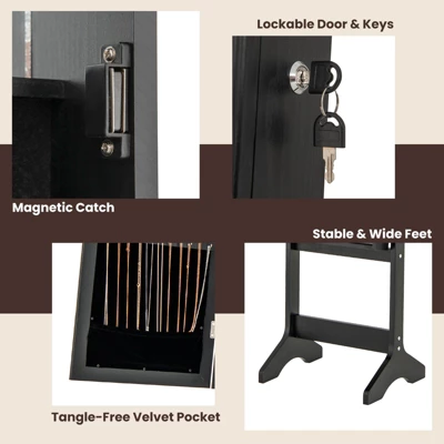 Tangkula Jewelry Armoire Cabinet Standing Lockable Jewelry Organizer With Lighted Full-Length Mirror Black/Rustic Brown/White 6 Tangkula Jewelry Armoire Cabinet Standing Lockable Jewelry Organizer With Lighted Full-Length Mirror Black/Rustic Brown/White - Image 4