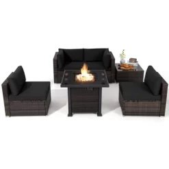 Tangkula 6 Piece Patio Wicker Conversation Set, Outdoor Rattan Sofa Set W/ 32" Propane Fire Pit Table, 50,000 BTU Heat, Tempered Glass Tabletop Black/Navy Blue/Red/Turquoise/Off White -Tangkula GUEST e07c22ca 7753 4739 97a6 82eca92210ba