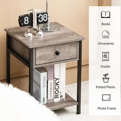 Tangkula Industrial End Side Table Nightstand With Drawer Shelf Rustic Grey Oak 6 Tangkula Industrial End Side Table Nightstand With Drawer Shelf Rustic Grey Oak - Image 4