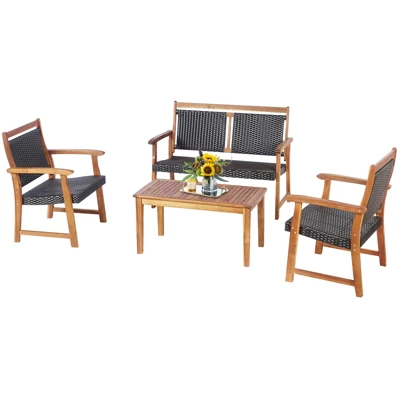 Tangkula 4PCS Patio Rattan Furniture Set Cushioned Loveseat & Table Set W/Acacia Wood Frame 6 Tangkula 4PCS Patio Rattan Furniture Set Cushioned Loveseat & Table Set W/Acacia Wood Frame - Image 4