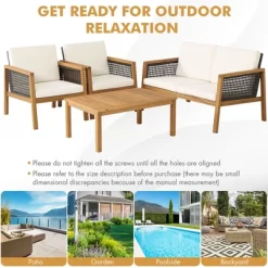 Tangkula 4PCS Patio Acacia Wood Furniture Set PE Rattan Conversation Set W/ Off White Cushions -Tangkula GUEST e18f2edd 55a4 49fd 979c 422eaf5ef62a