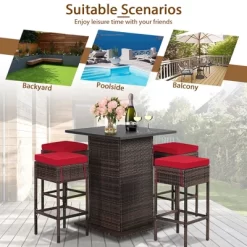 Tangkula Tangkula 5PCS Patio Bar Set Rattan Bar Furniture Set W/ Table & 4 Cushioned Stools Red -Tangkula GUEST e1eb4cc4 fd1b 4e79 a1a2 5b90143f1b4a