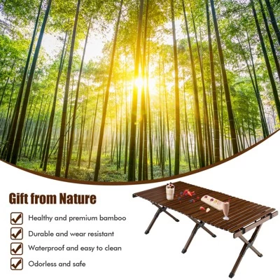 Tangkula Folding Wooden Camping Table Portable Picnic Table W/ Carry Bag Roll-up Bamboo Tabletop Outdoor Travel Camping Table Natural/Coffee 5 Tangkula Folding Wooden Camping Table Portable Picnic Table W/ Carry Bag Roll-up Bamboo Tabletop Outdoor Travel Camping Table Natural/Coffee - Image 3