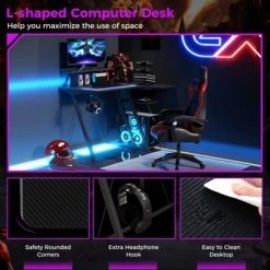 Tangkula Computer Desk W/ Built-in Charge Station Metal Frame Gaming Desk W/ Monitor Shelf Modern Writing Desk Workstation Table Black/White/Pink