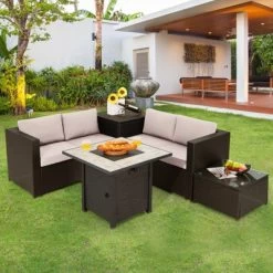 Tangkula 5-Piece Patio Furniture Set With 30 Inches Gas Fire Pit Table Outdoor PE Wicker Sectional Sofa Set With Cushions Red/Beige/Navy/Turquoise