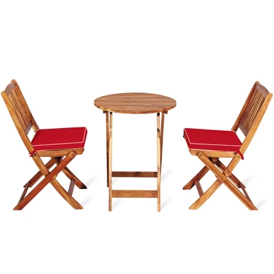 Tangkula 3PCS Folding Acacia Wood Bistro Set Patio Conversation Set W/ Red Cushions 9 Tangkula 3PCS Folding Acacia Wood Bistro Set Patio Conversation Set W/ Red Cushions - Image 7