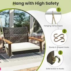 Tangkula Rattan Porch Swing Patio Wicker Single Hanging Seat W/ Seat Cushion & Acacia Wood Armrests -Tangkula GUEST e2faa617 18e6 4c49 8680 2907cf97e7c6