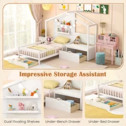 Tangkula Twin Size House Bed Kids Platform Bed W/ Padded Bench & Floating Shelves 13 Tangkula Twin Size House Bed Kids Platform Bed W/ Padded Bench & Floating Shelves -Tangkula GUEST e3019438 d76b 4d0c 8ddc bfd0b15c14fe